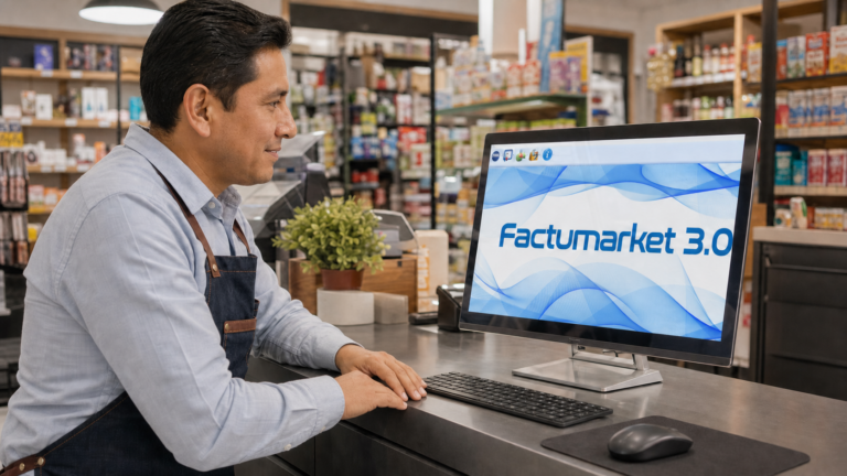 Propietario revisando una nueva sucursal con el panel de Factumarket 3 en el punto de venta