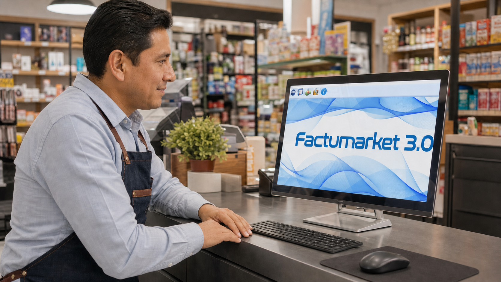 Propietario revisando una nueva sucursal con el panel de Factumarket 3 en el punto de venta