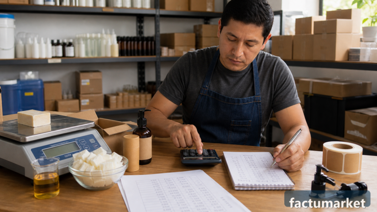 Emprendedor calculando el costo real de un producto con insumos, empaque y apoyo de Factumarket