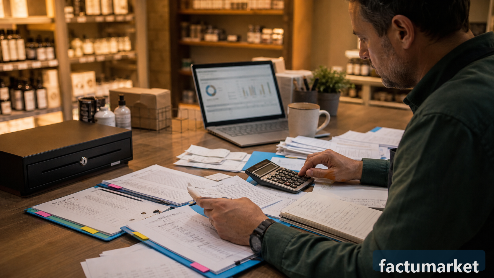 Propietario calculando la utilidad real de su negocio con facturas, caja y reportes de Factumarket