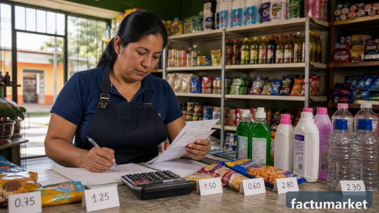 Comerciante calculando precios de venta con costo real, margen y apoyo de Factumarket