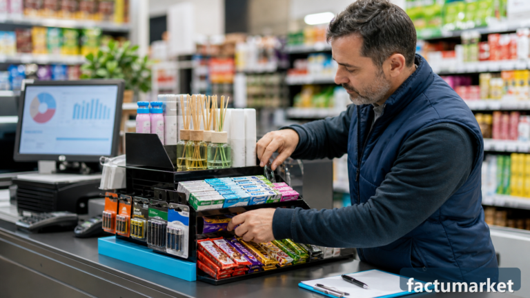 Propietario organizando productos de alto margen en un minimarket con apoyo de Factumarket