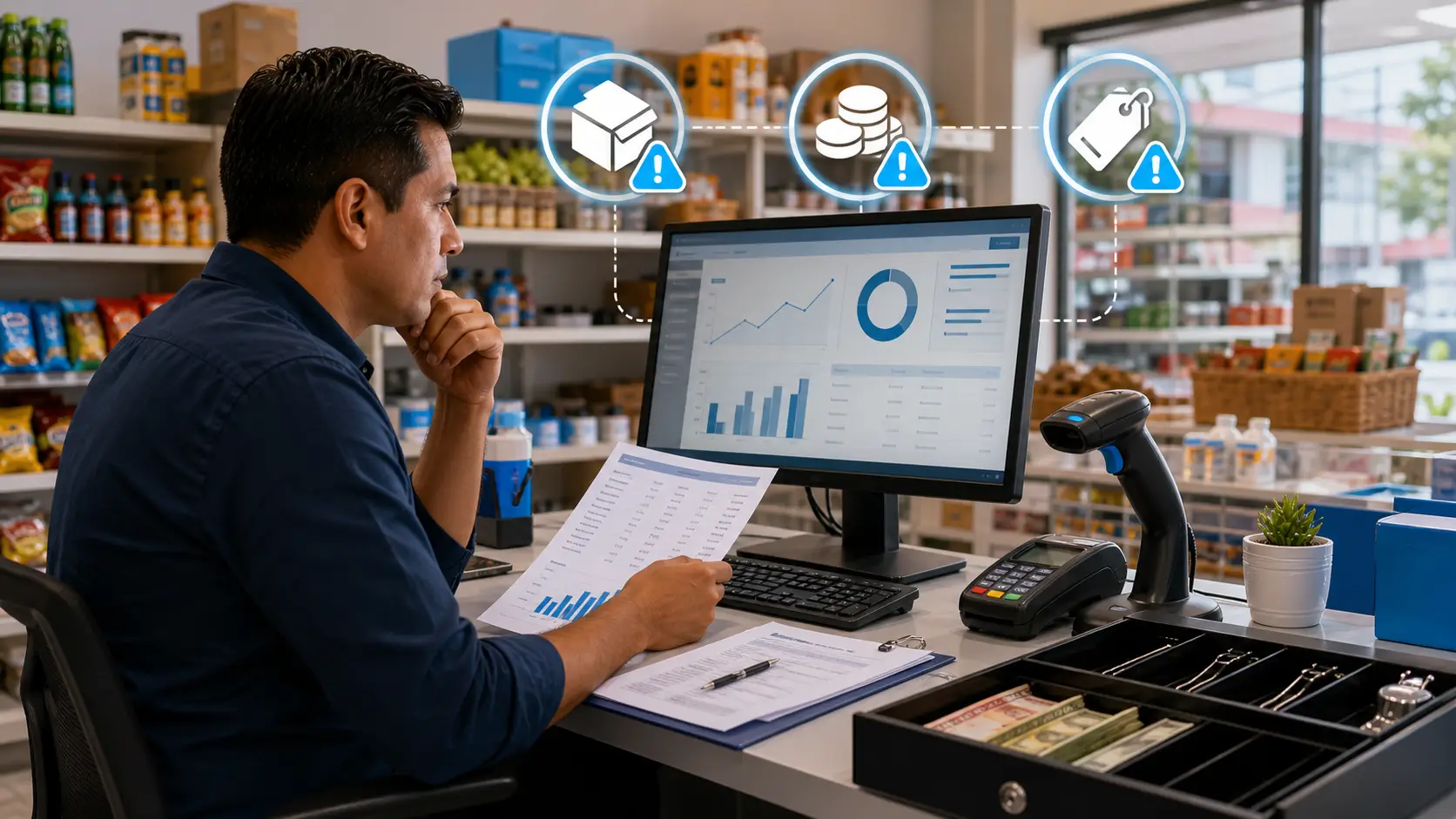 Propietario de tienda revisando inventario, caja y precios en un sistema POS para detectar pérdidas de dinero